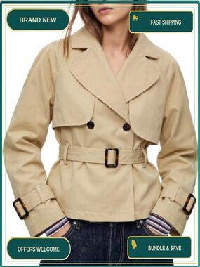 Women Cropped Trench Coat Double Breasted Belted Jacket